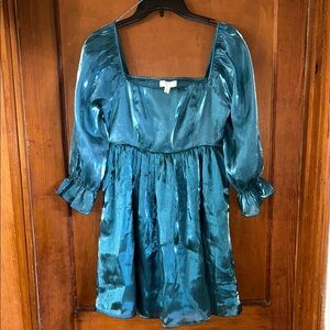 Shiny Teal Boutique Dress with Square Neckline
